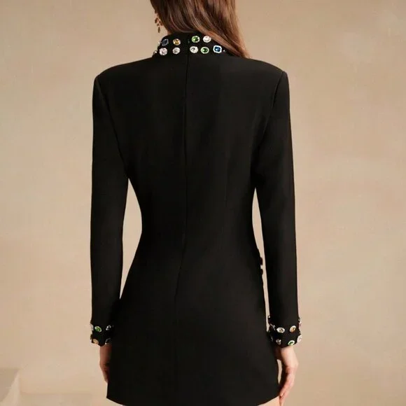 Black Elegant Women's Rhinestone Embellished Long Sleeve Short Dress